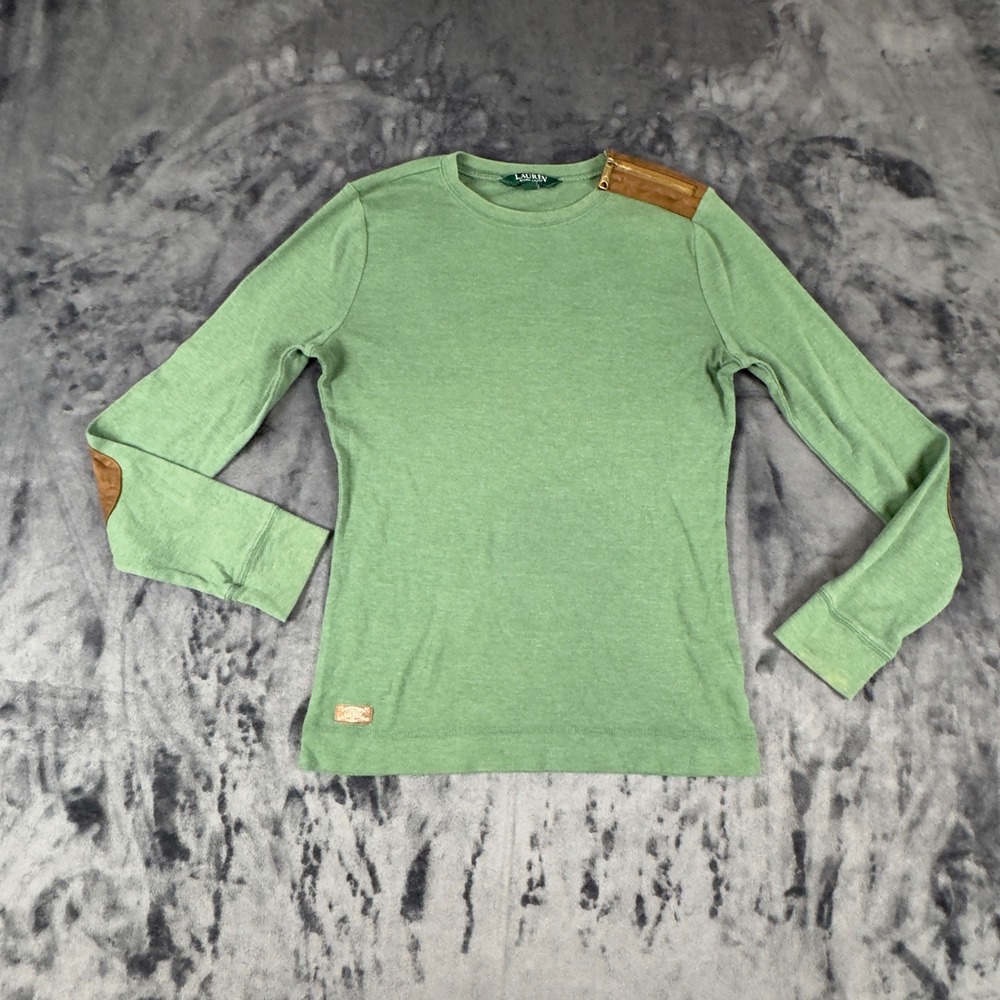 Lauren Ralph Lauren Top Womens Small Green Elbow Patch Shoulder Zip 4331